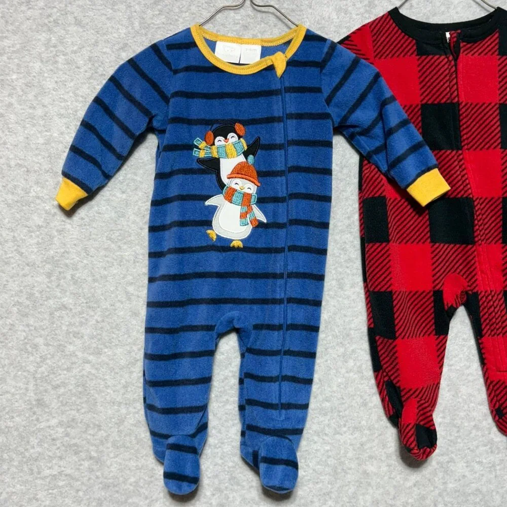 Baby 3-6M Lot of 2 Fleece Zip-Up 1-Piece Red Plaid Blue Penguin Pajama Footies